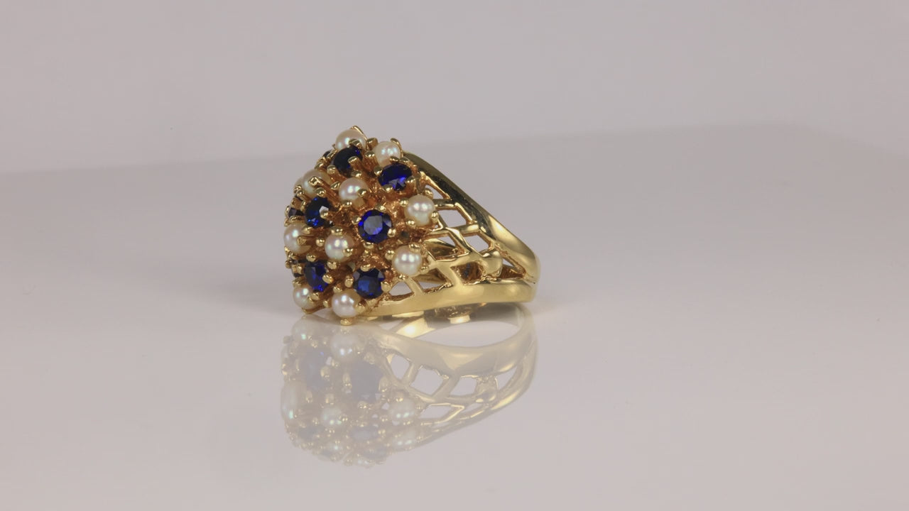 14K Yellow Gold Pearl and Synthetic Sapphire Cocktail Ring