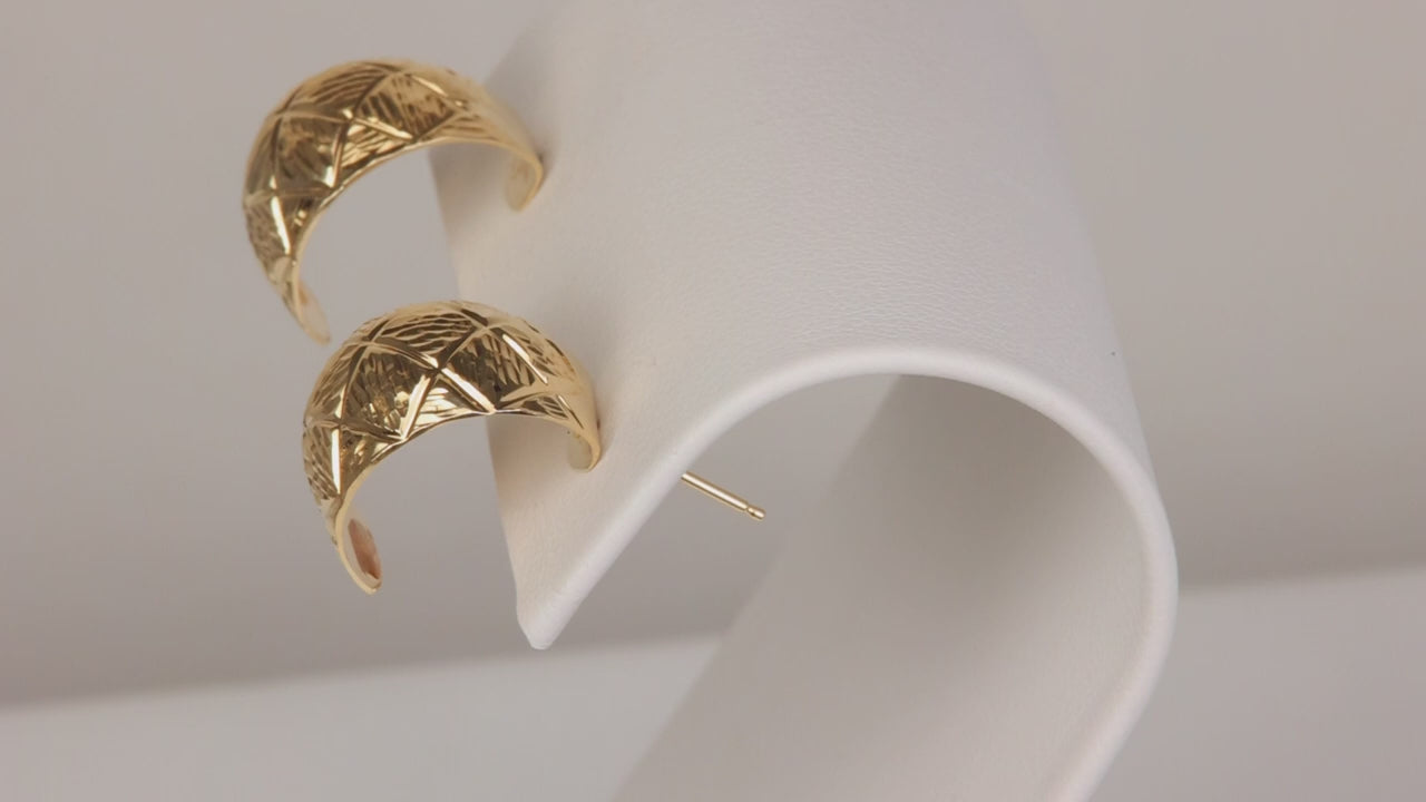 14K Yellow Gold Diamond Cut Quilted Pattern Earrings