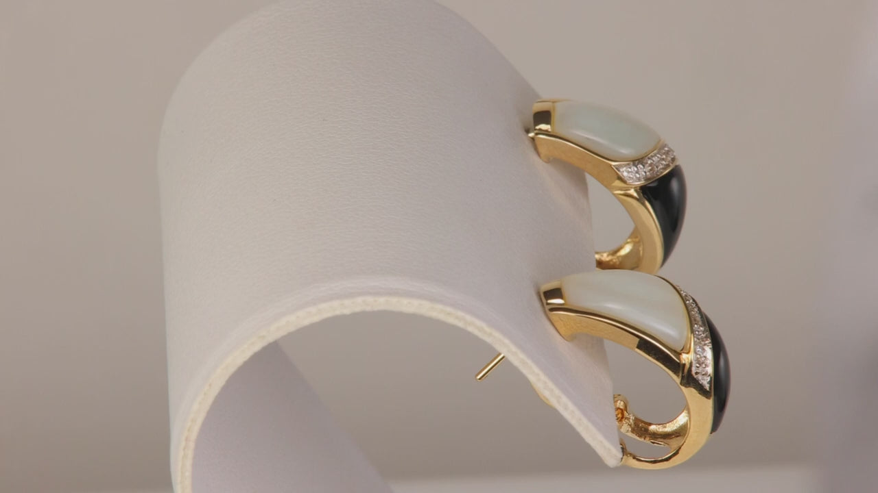 14K Yellow Gold Mother of Pearl, Onyx, and Diamond Accent Earrings