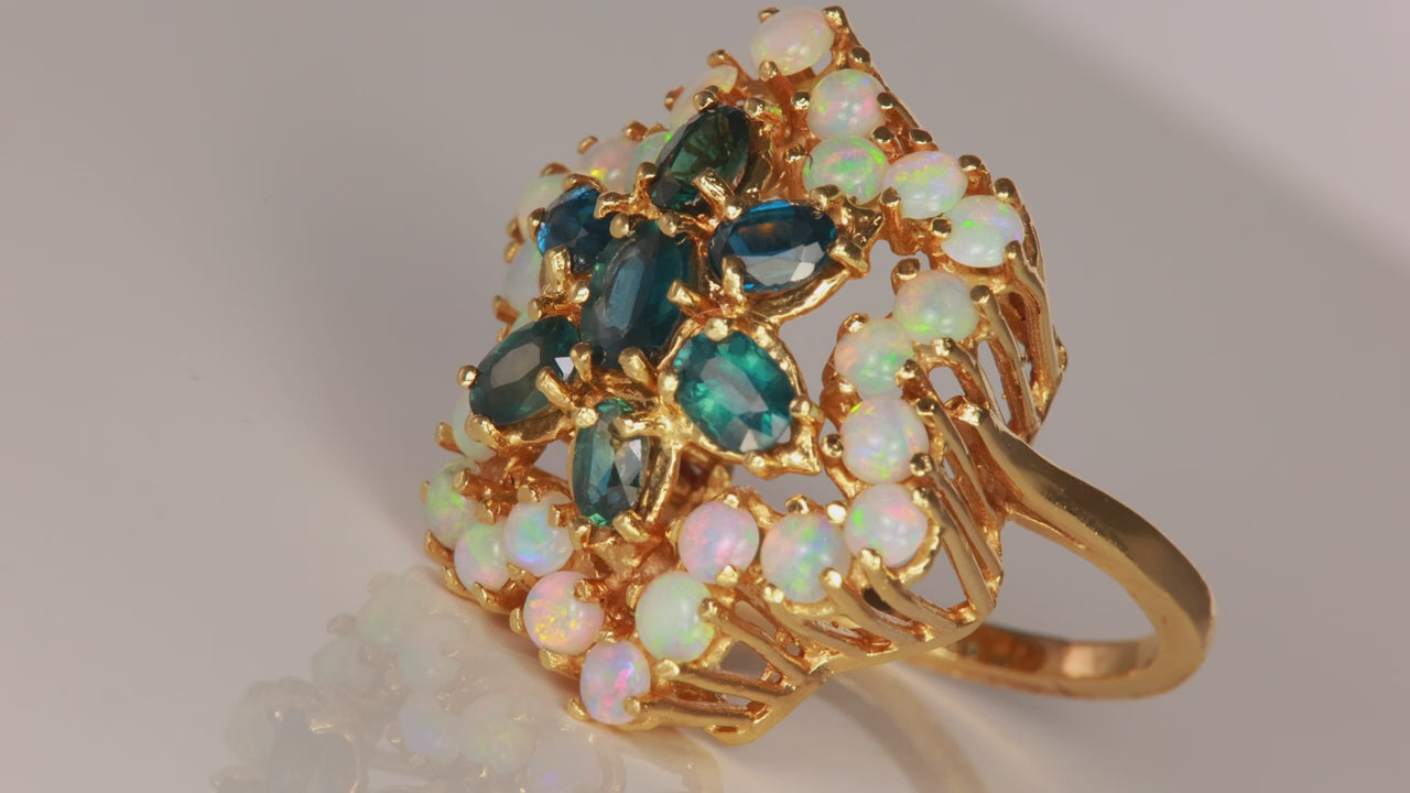 14K Yellow Gold Sapphire and Opal Cocktail Ring 2.00 Carats