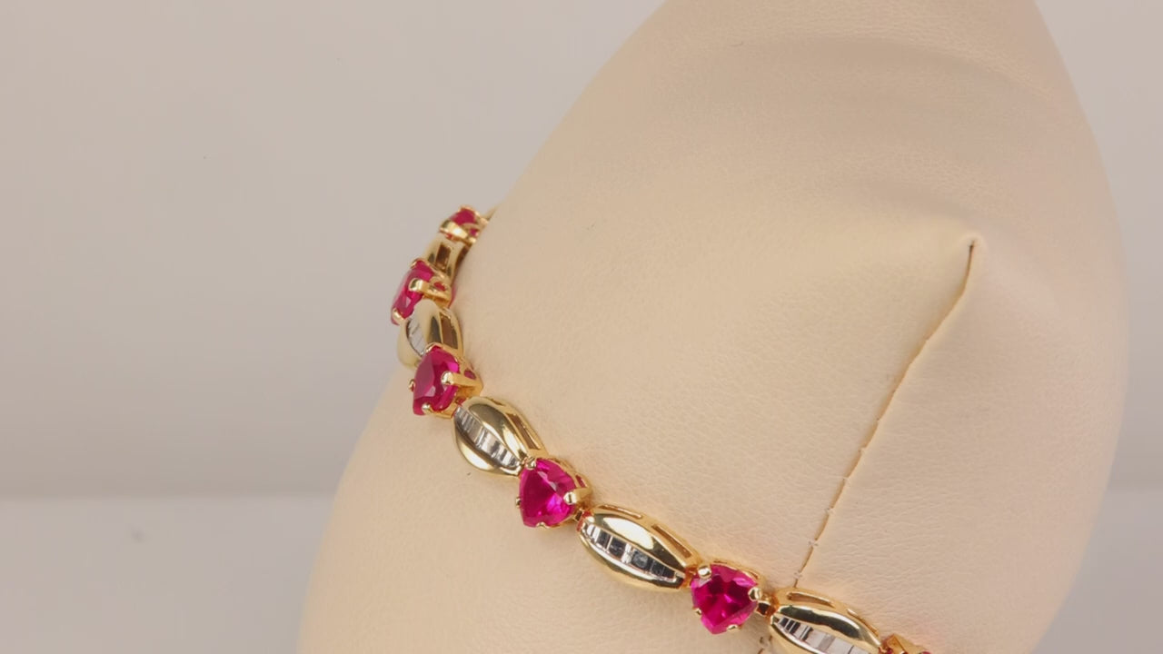 10K Yellow Gold Heart Shape Synthetic Ruby and Diamond Bracelet 5.50cts