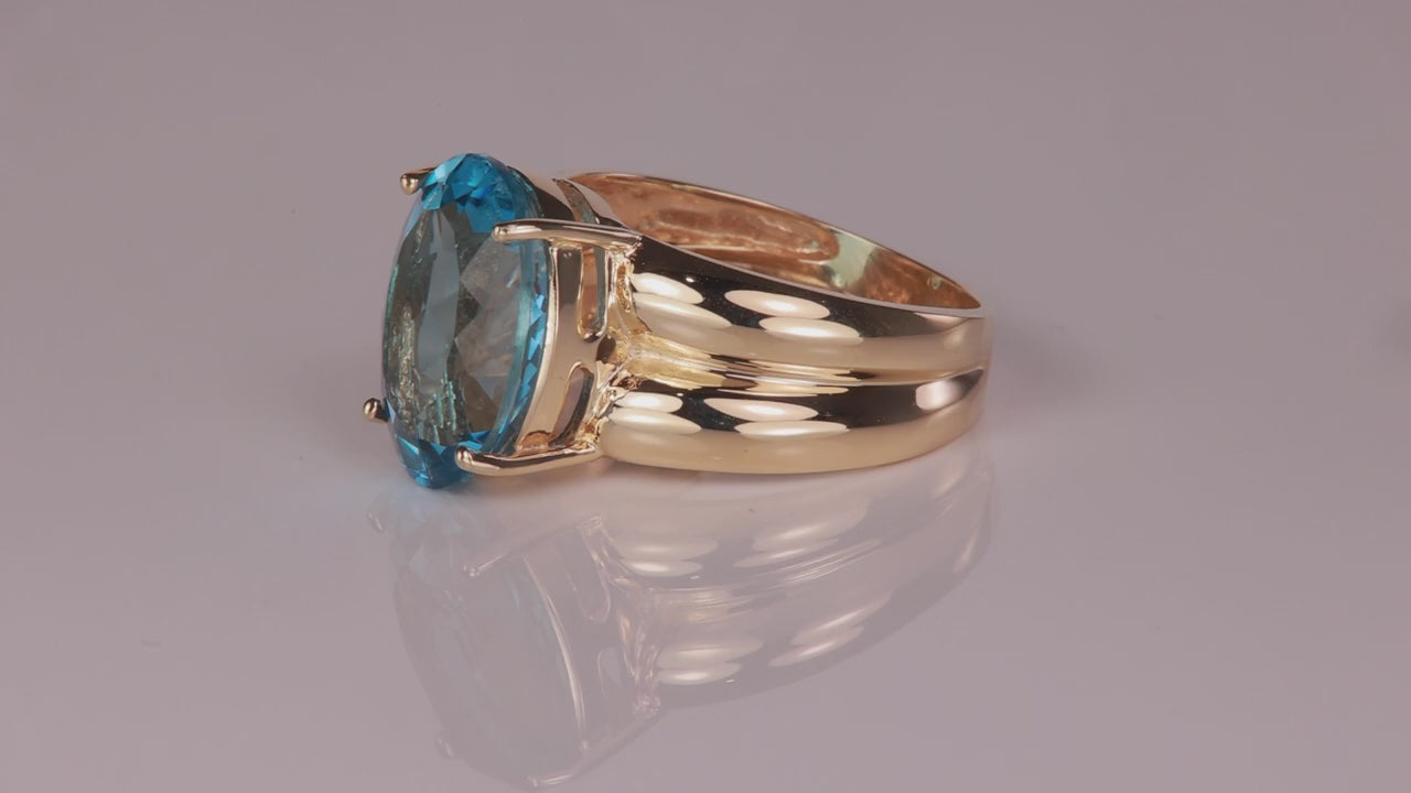 10K Yellow Gold Oval Cut Blue Topaz Ring 5.48 Carats