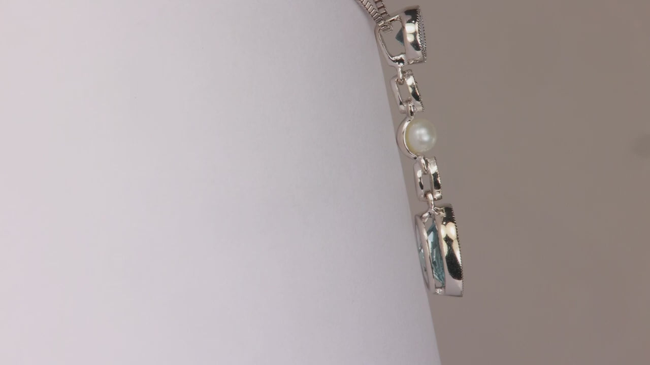 14K White Gold Bezel Set Aquamarine, Pearl and Diamond Accent Pendant