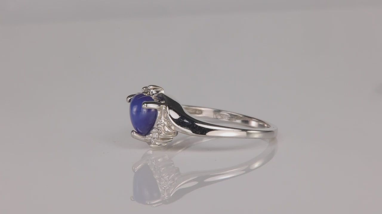 10K White Gold Heart Shape Synthetic Star Sapphire and Diamond Accent Ring
