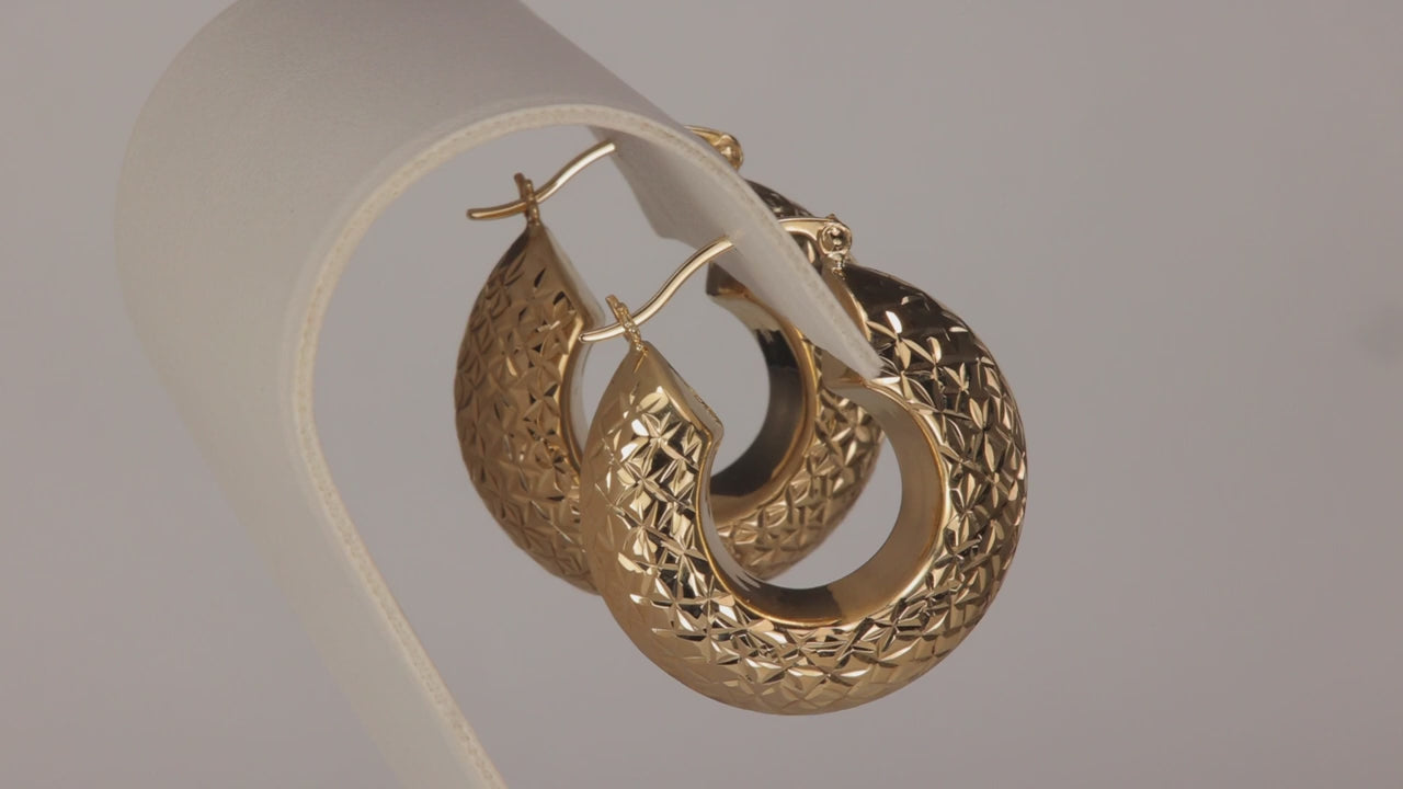 14K Yellow Gold Puffy Diamond Cut Hoop Earrings