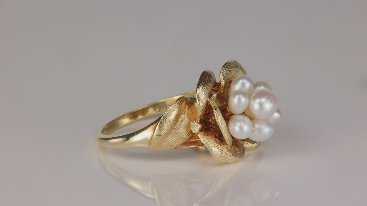 14K Yellow Gold Flower Ring With Pearl Cluster