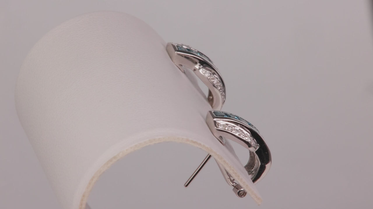 14K White Gold Blue Topaz and Diamond Lever Back Earrings