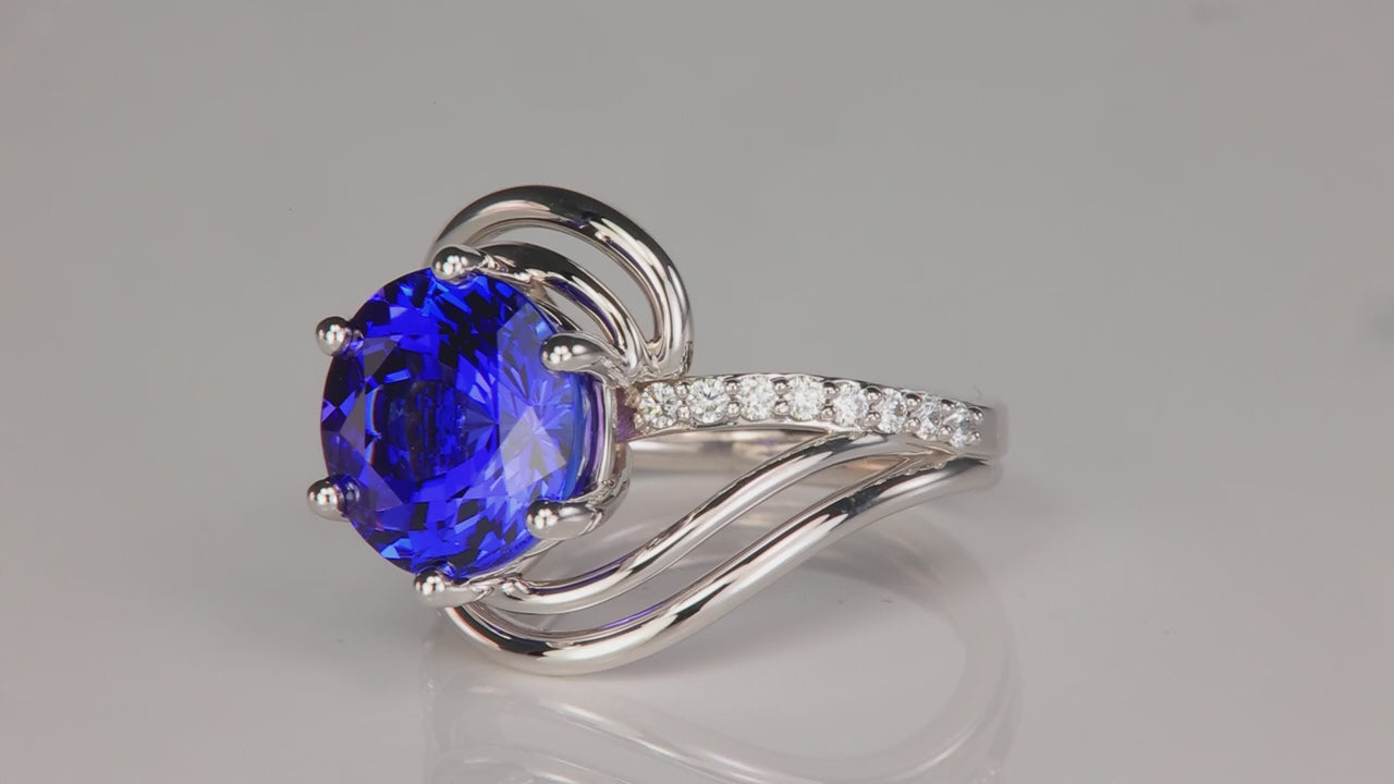 14K White Gold Round Brilliant 6.28ct Tanzanite and Diamond Ring by Christopher Michael