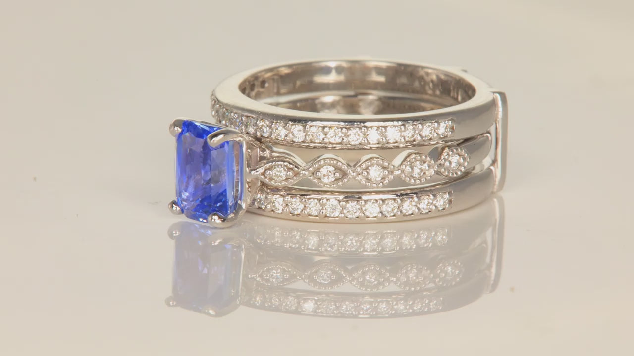 14K White Gold Emerald Cut Sapphire Ring with Diamond Ring Guard 1.60cts