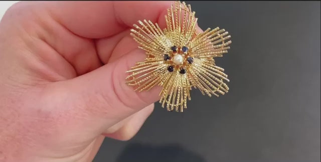 14K Yellow Gold Pearl and Sapphire Flower Pin/Brooch