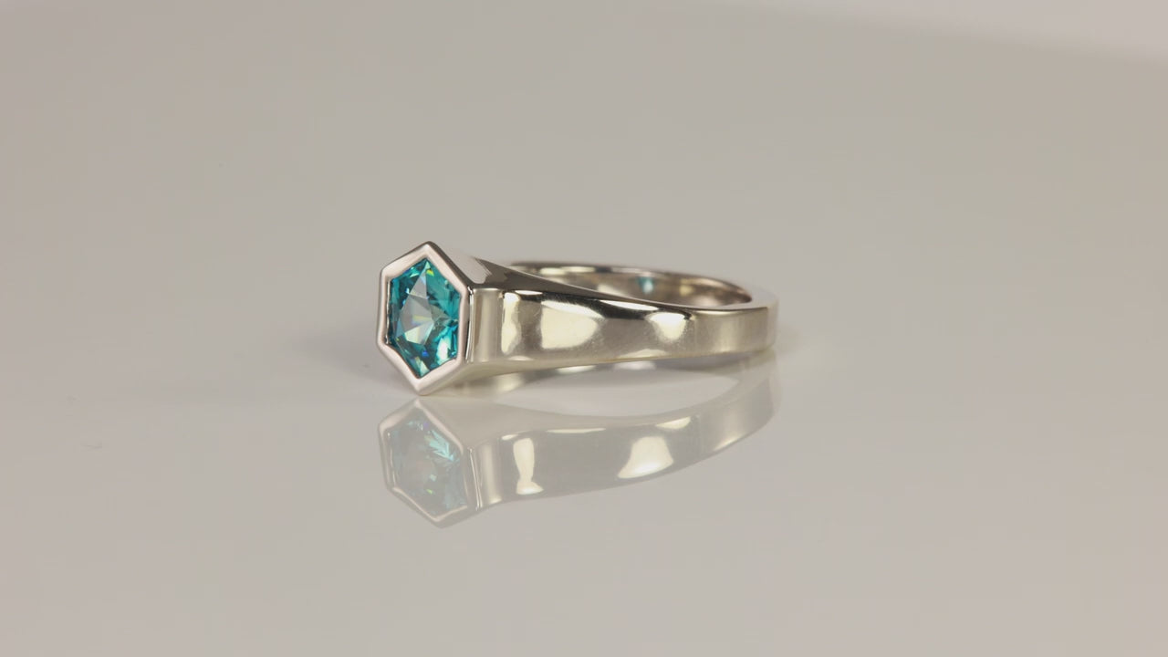 14K White Gold Hexagon Blue Zircon Ring 1.68 Carats