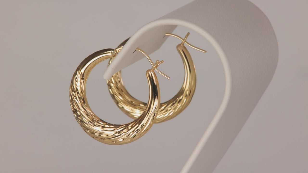 14K Yellow Gold Textured Hoop Earrings