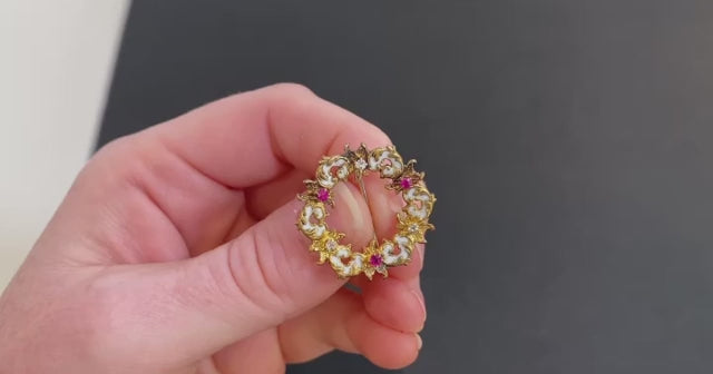 14K Yellow Gold Ruby, Diamond, and Enamel Filigree Pin/Brooch