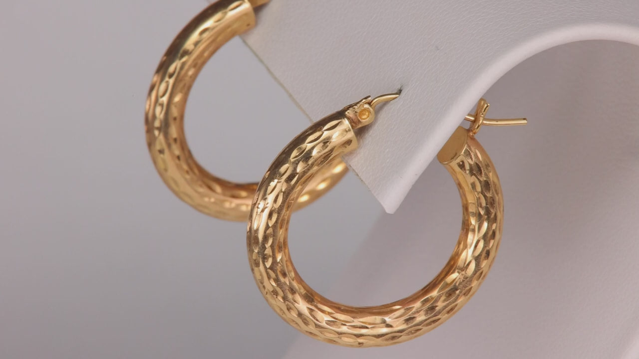 10K Yellow Gold Diamond Cut Textured Hoop Earrings