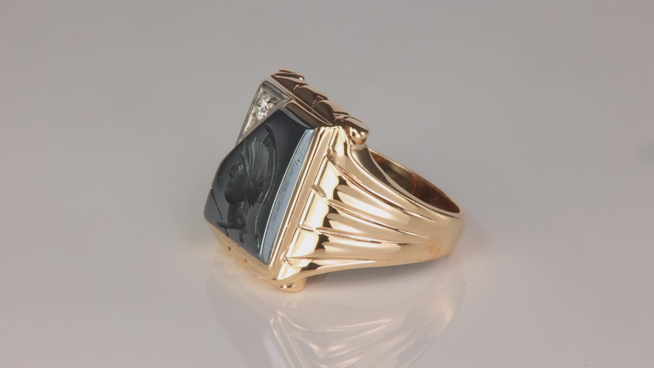 14K Yellow Gold Hematite Spartan and Diamond Accented Ring
