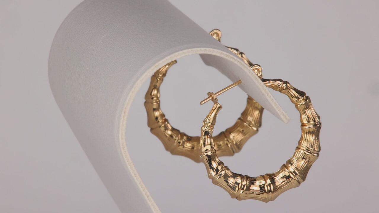 14K Yellow Gold Bamboo Style Hoop Earrings