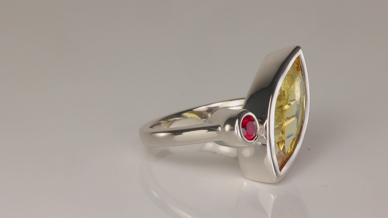 Platinum 2.76ct Marquise Brilliant Heliodor Ring with Ruby Accent