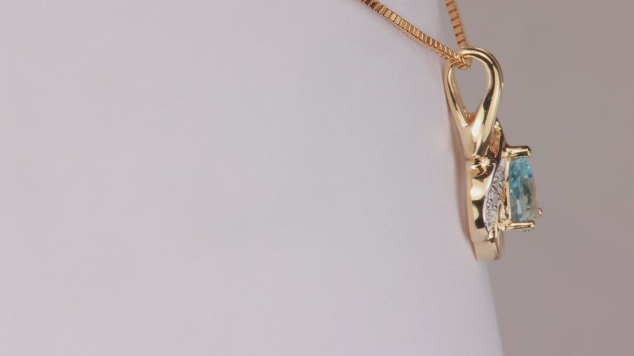 14K Yellow Gold Pear Shaped Blue Topaz and Diamond Pendant