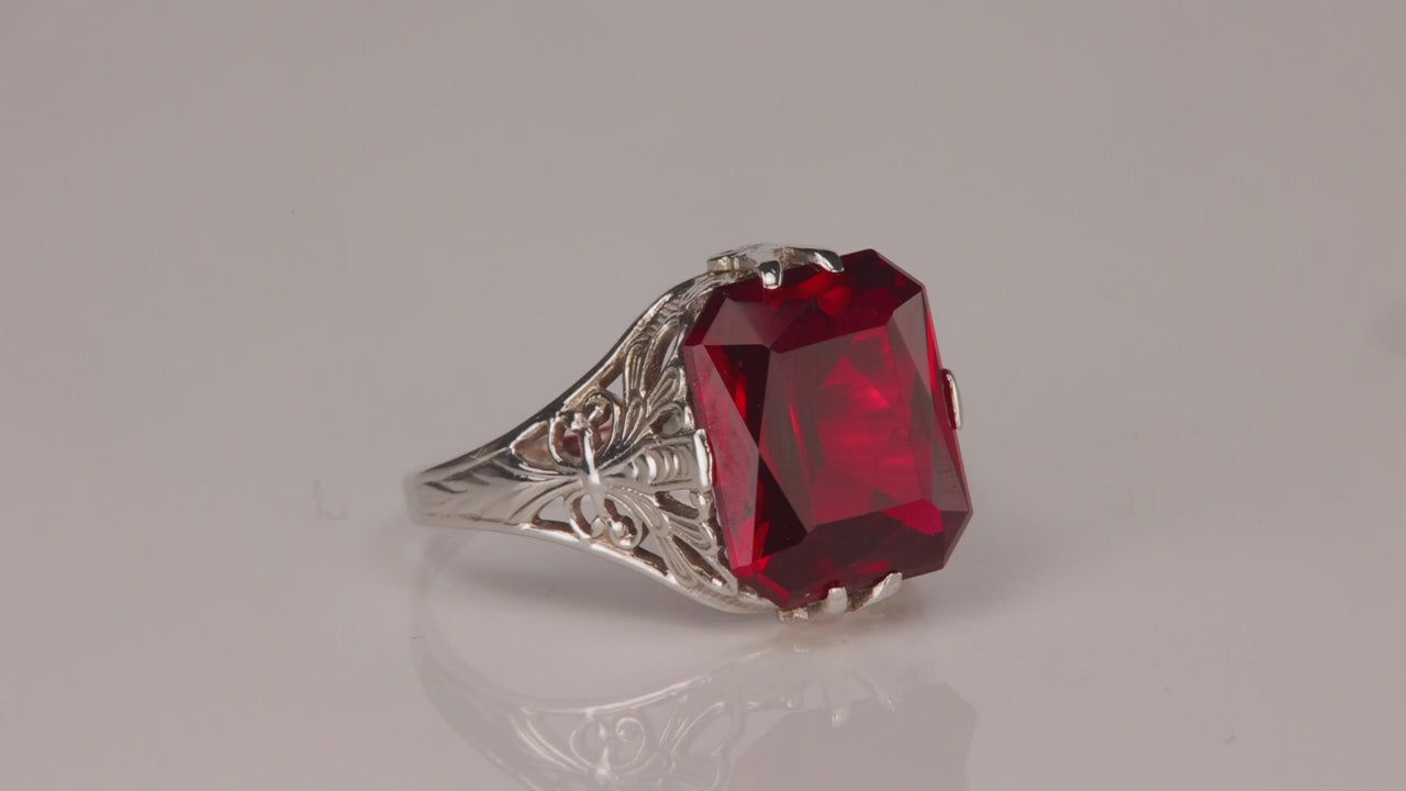 14K White Gold Emerald Cut Synthetic Ruby Ring