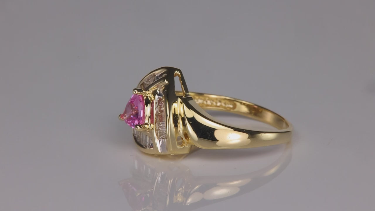 14K Yellow Gold Trilliant Cut Pink Sapphire and Diamond Ring