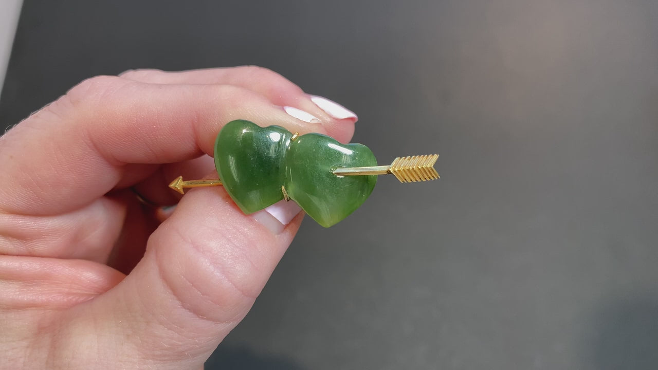 14K Yellow Gold and Nephrite Jade Double Heart Pin/Brooch