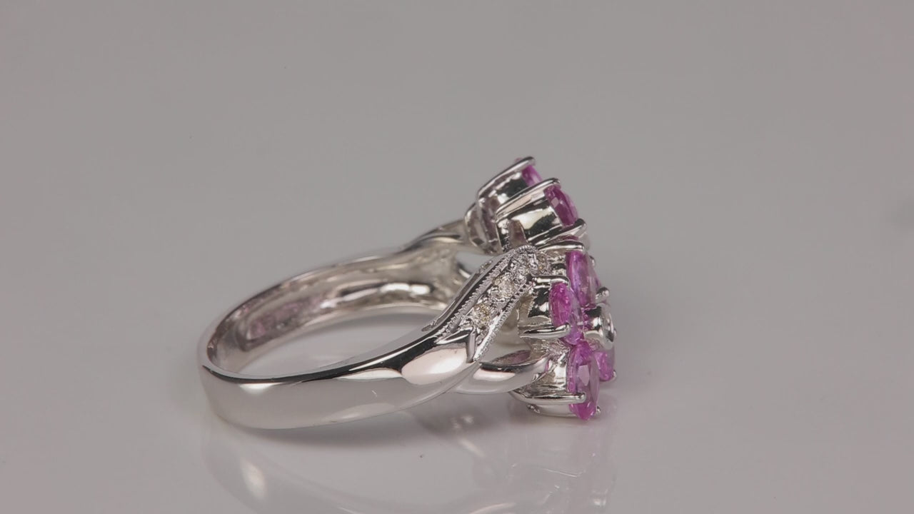 14K White Gold Pink Sapphire and Diamond Double Flower Ring 1.20cts
