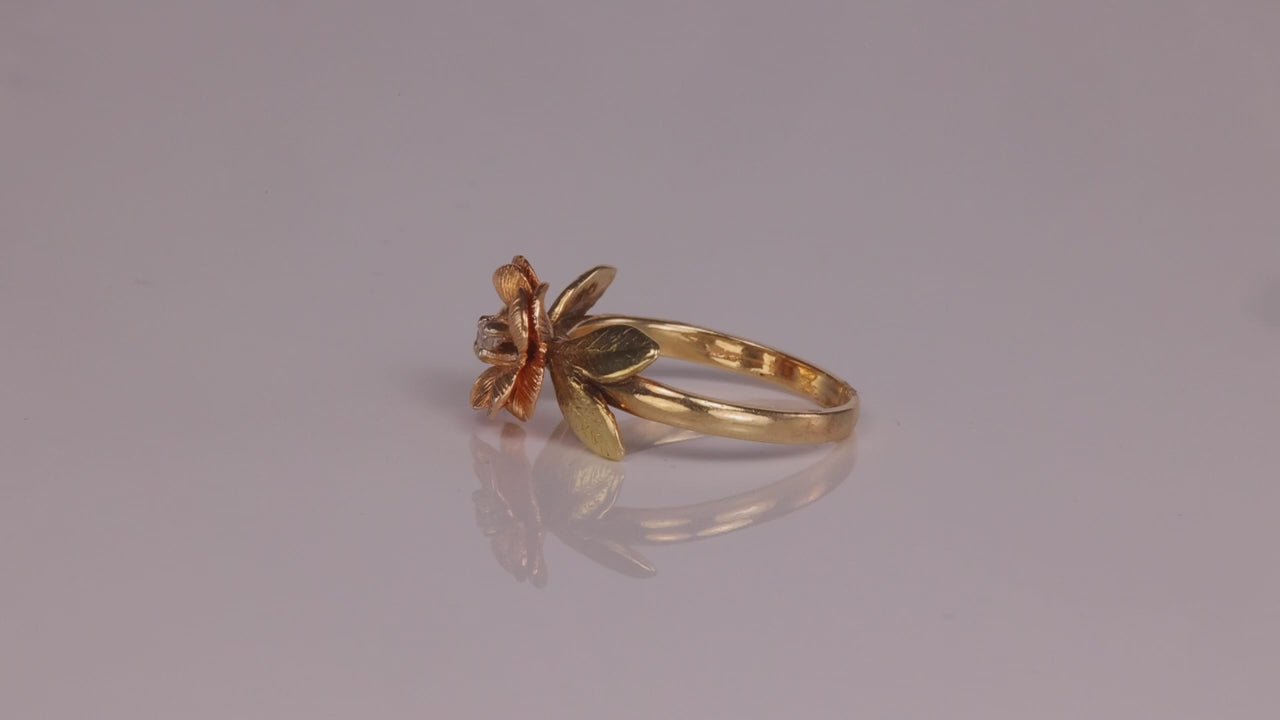 14K Yellow and Rose Gold Flower Ring With Diamond Accent