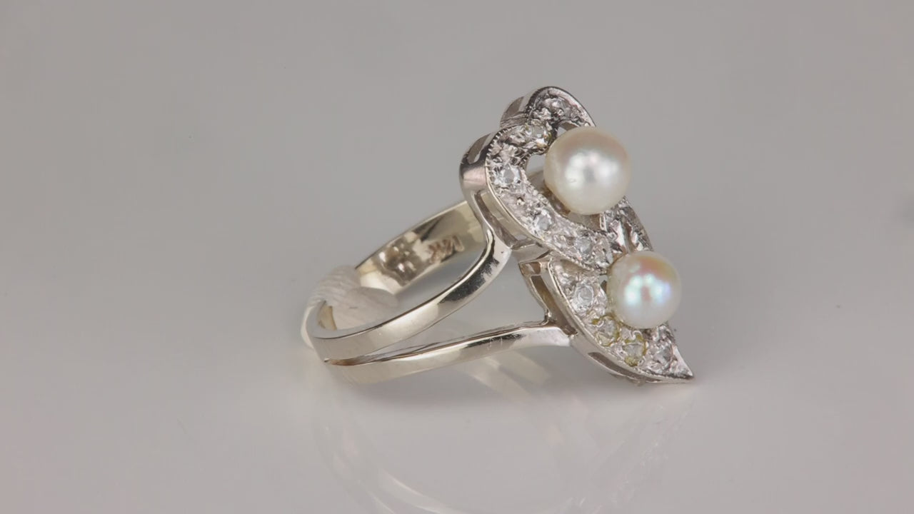 14K White Gold Pearl and Cubic Zirconia Hearts Ring