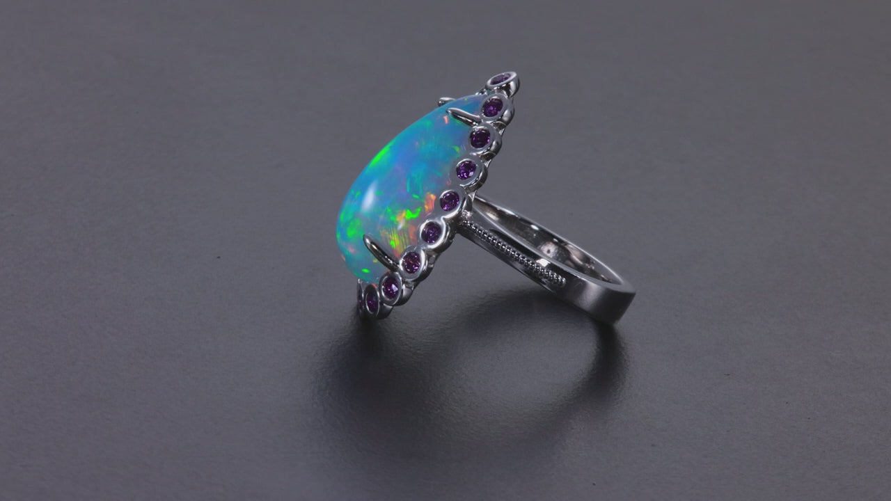 14K White Gold Pear Shaped Cabochon Opal and Amethyst Ring