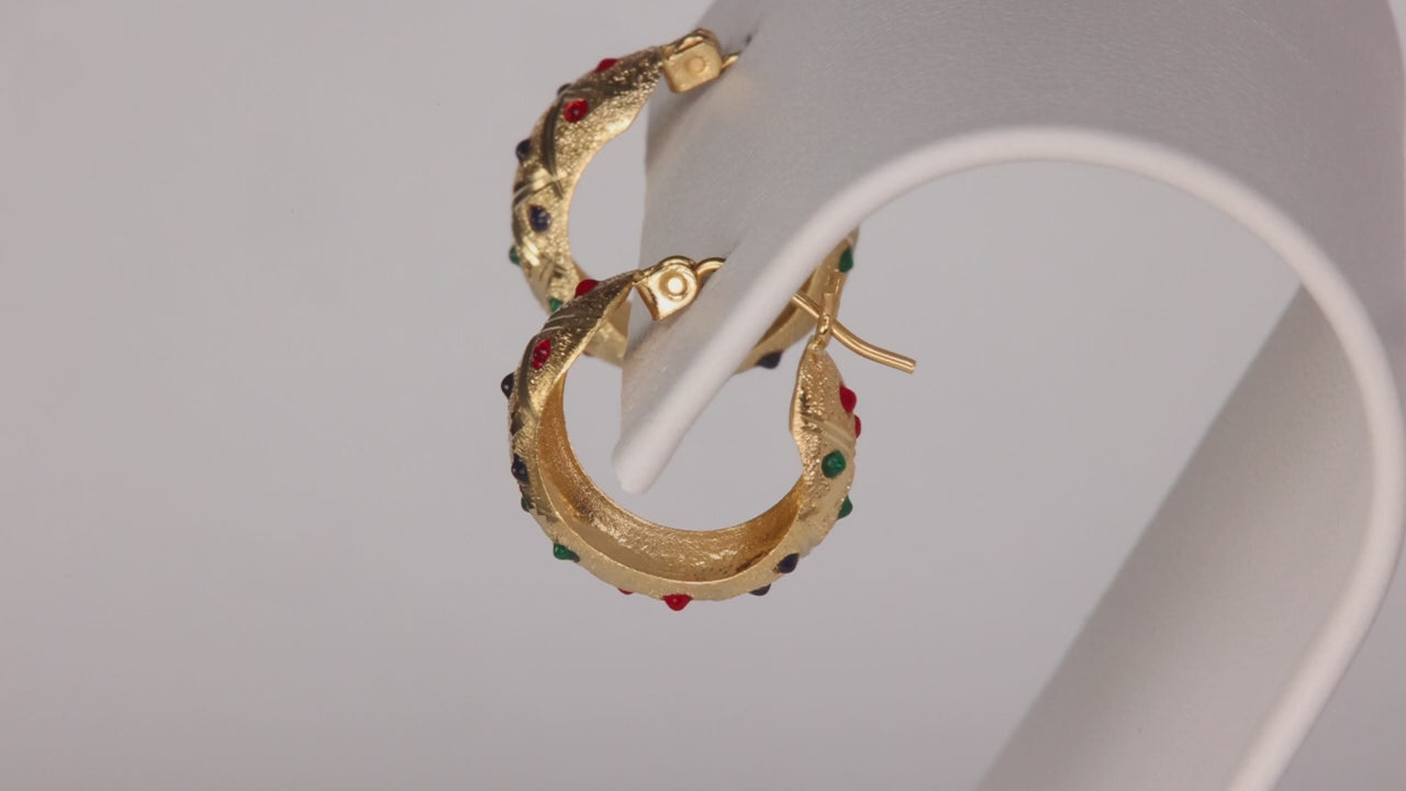 14K Yellow Gold Multi Color Enamel Textured Hoop Earrings