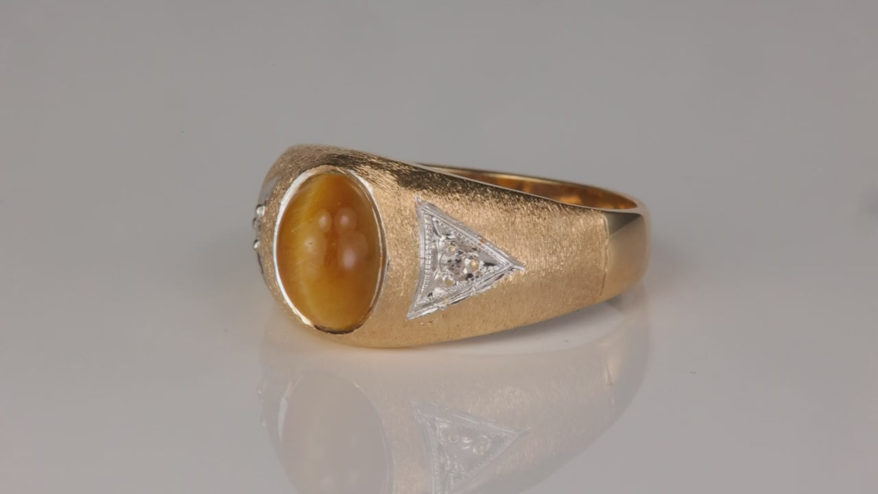 10K Yellow Gold Tiger's Eye and Fine Diamond Accent Ring