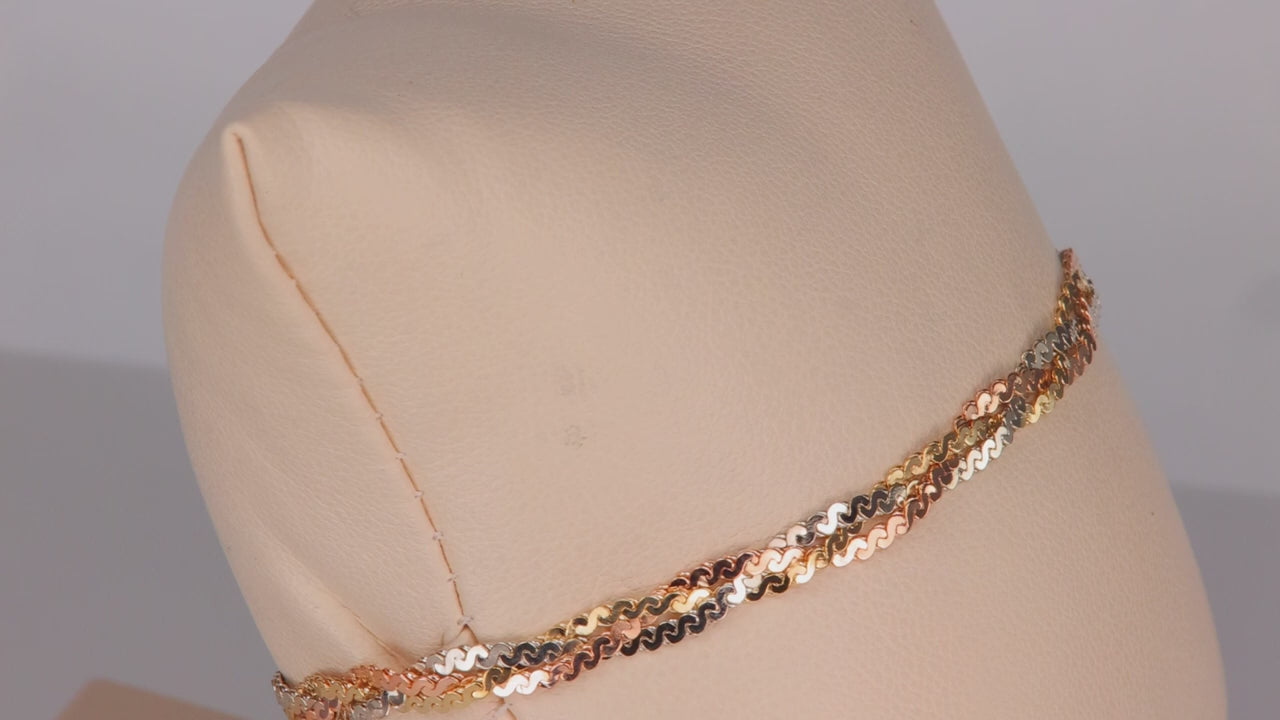 14K Yellow White and Rose Gold Braided S Link Bracelet 6.5"