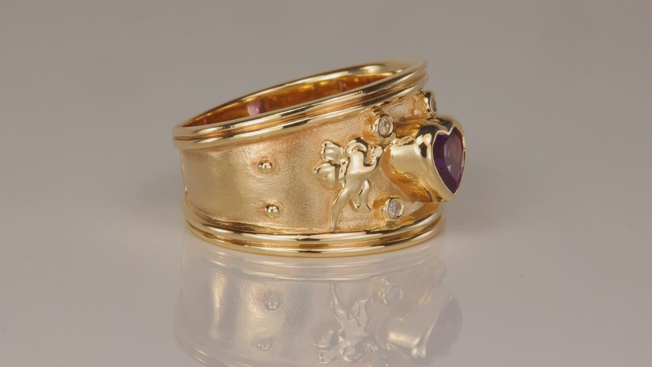 14K Yellow Gold Heart Amethyst and Diamond Accent Ring .40cts