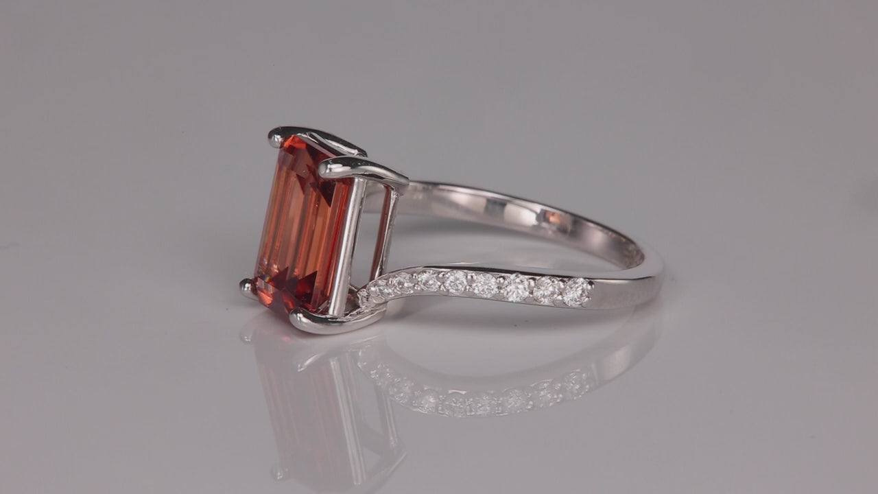 14K White Gold Emerald Cut Zircon and Diamond Bypass Ring 3.40 Carats