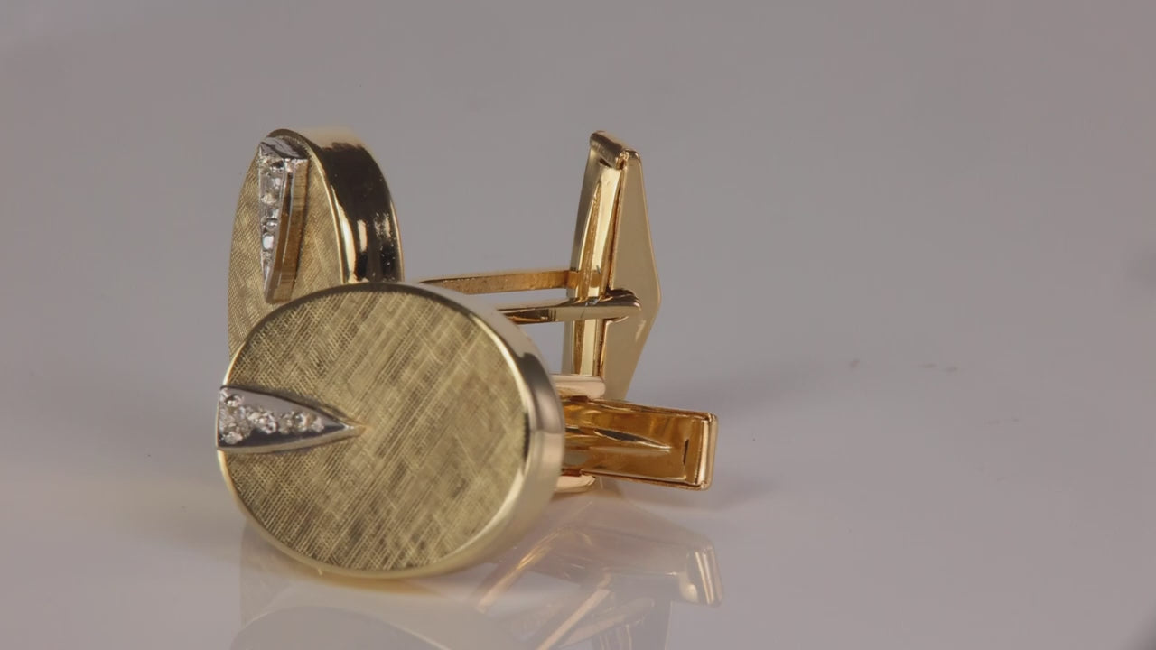 14K Yellow Gold Crosshatch Textured Cuff Links Pair with Diamond Accent