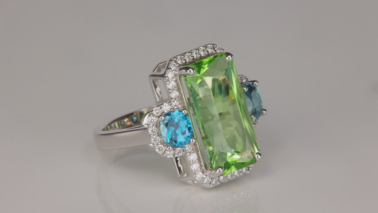 14K White Gold 9.24ct Peridot Ring By Steve Moriarty with Blue Zircon and Diamonds