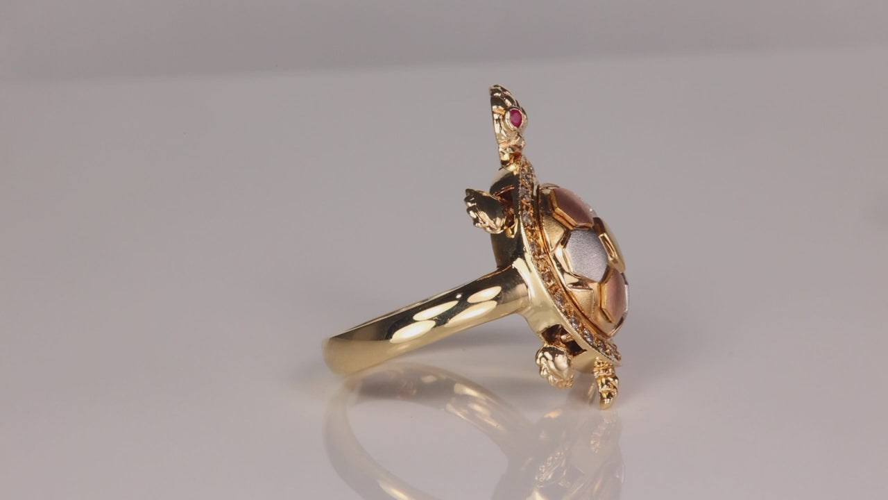 14K Tri Color Gold Turtle Ring With Rubies