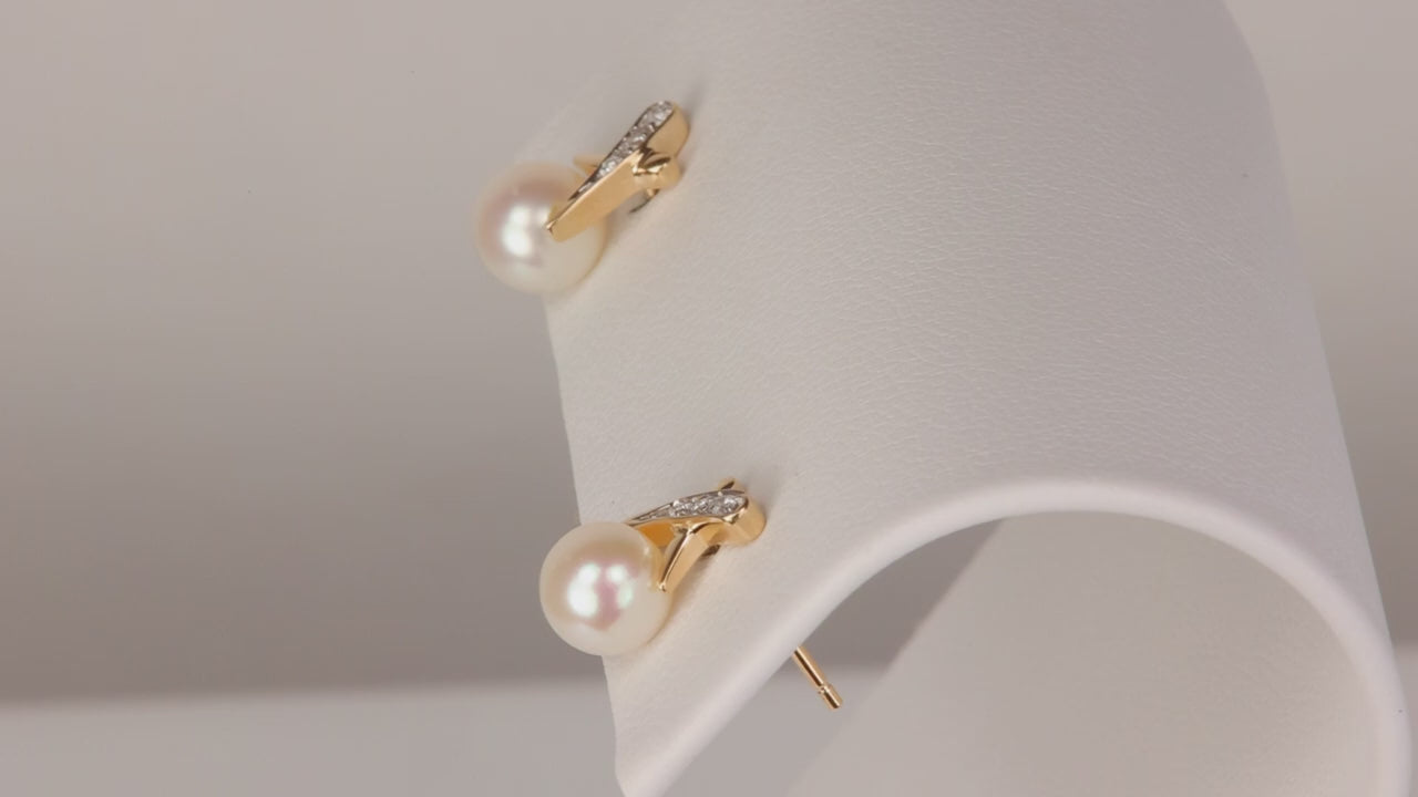 14K Yellow Gold Akoya Pearl and Diamond XO Stud Earrings