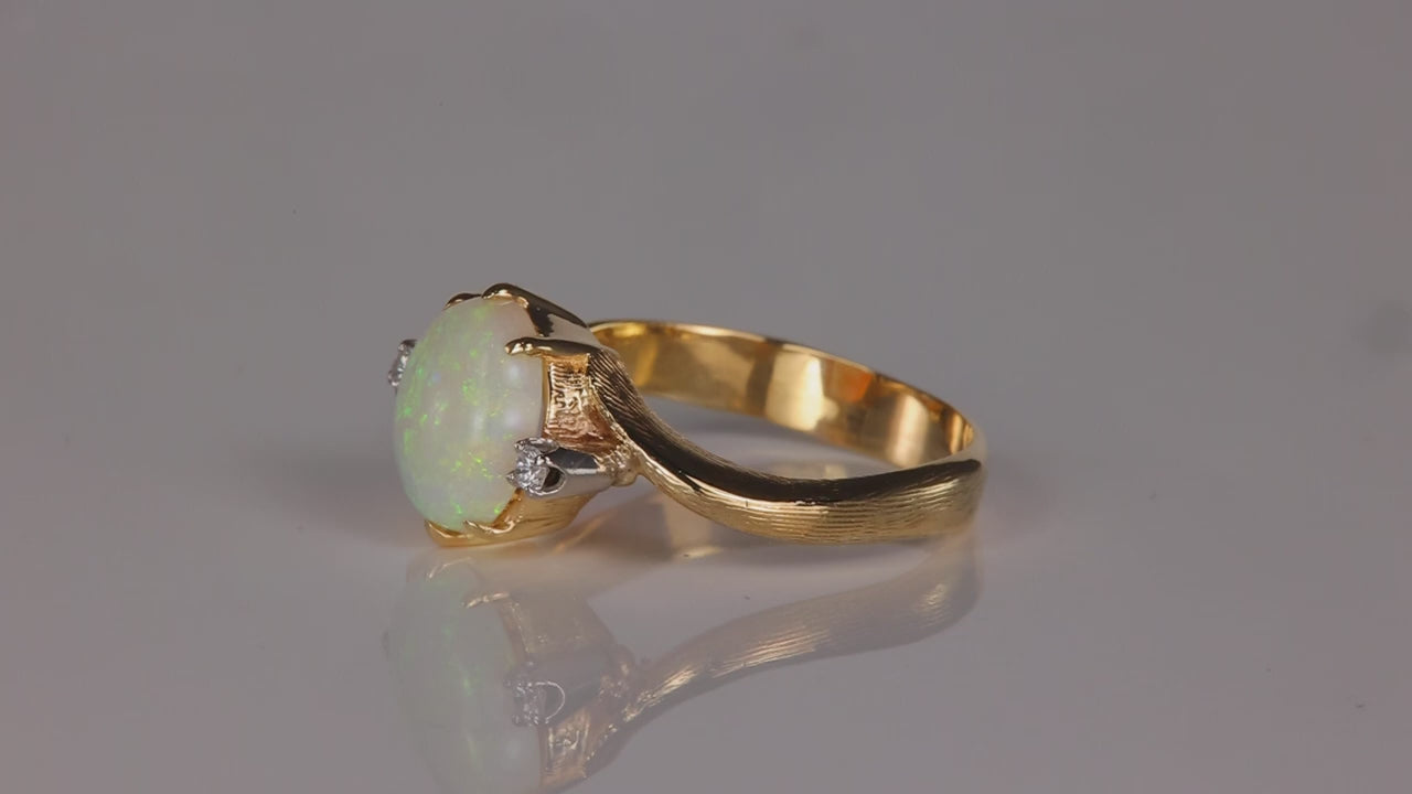 14K Yellow Gold Opal and Diamond Accent Ring 2 Carats