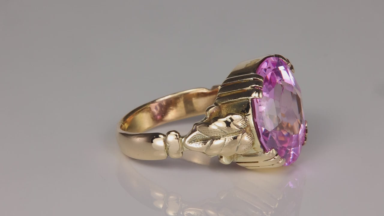 14K Yellow Gold Round Cut Synthetic Pink Sapphire Ring 14cts