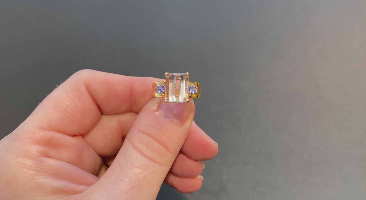 14K Yellow Gold Emerald Cut Morganite and Tanzanite Ring