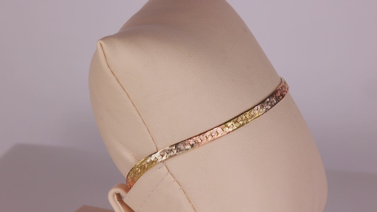 14K Tri Color Gold Diamond Cut Herringbone Bracelet 7"