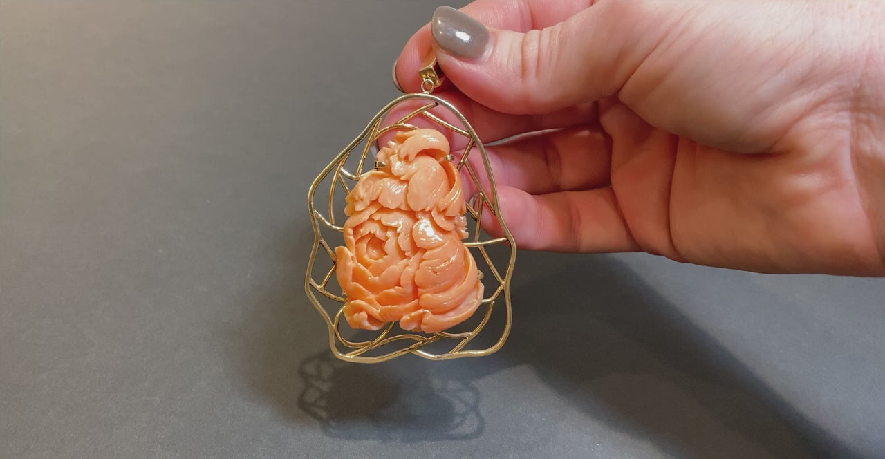 14K Yellow Gold Handcarved Angelskin Coral Peony Pendant