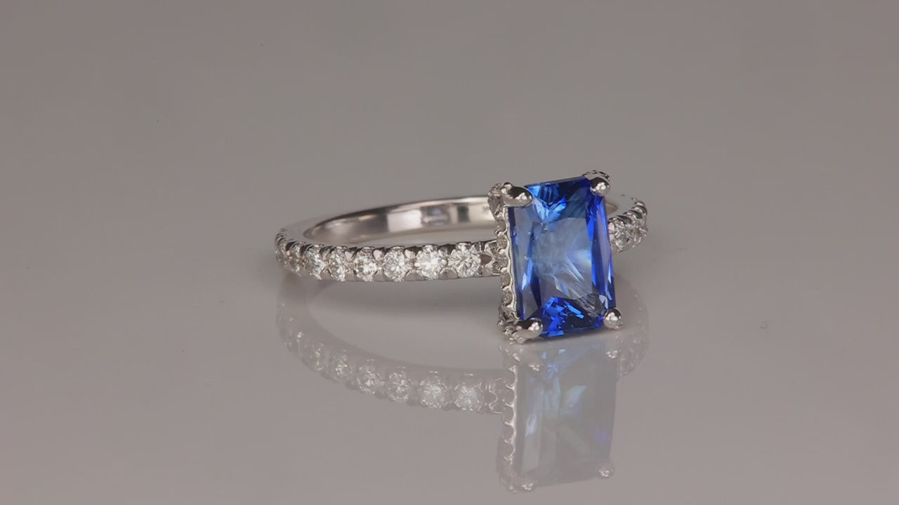 14K White Gold Brilliant Emerald Cut Sapphire and Diamond Ring 2.13 Carats