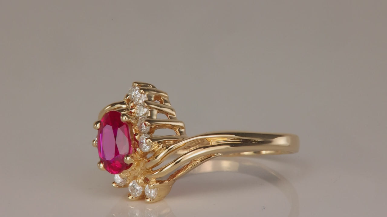 14K Yellow Gold Oval Synthetic Ruby and Diamond Ring 1.16cts