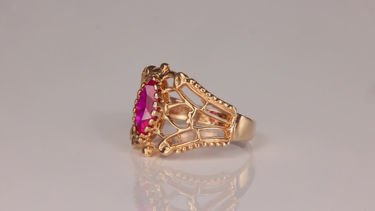 14K Yellow Gold Marquise Cut Synthetic Ruby Ornate Ring