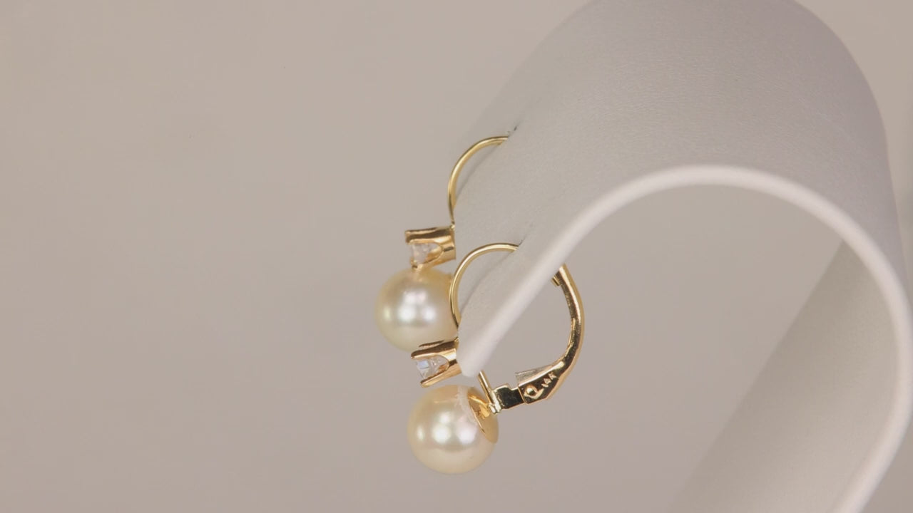 14K Yellow Gold Pearl Earrings with Cubic Zirconia Accents