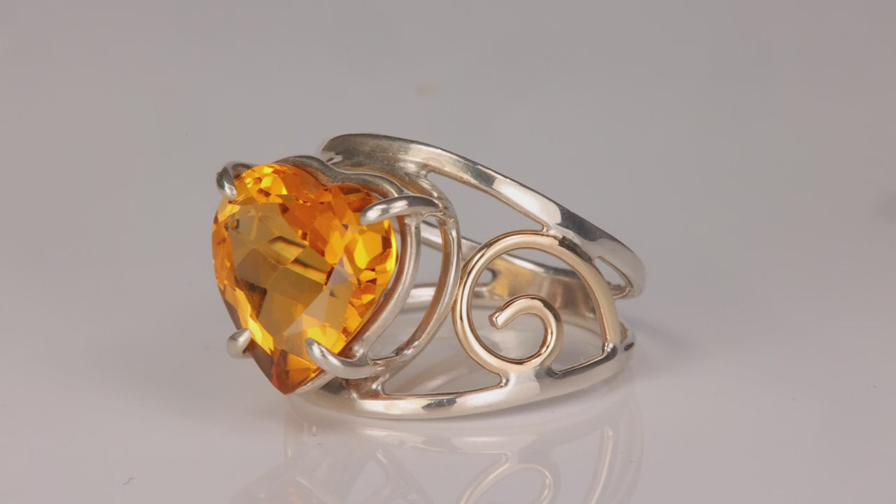14K Yellow Gold Sterling Silver Citrine Heart Ring 7cts