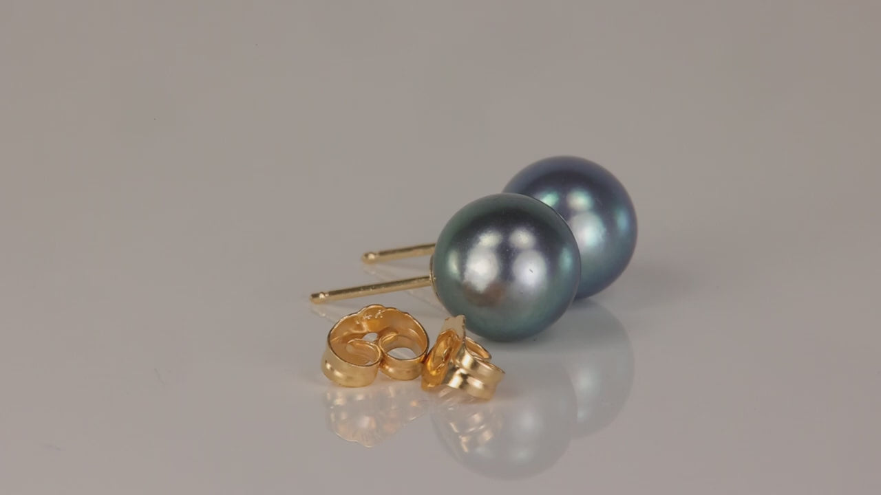 14K Yellow Gold Black Pearl Stud Earrings