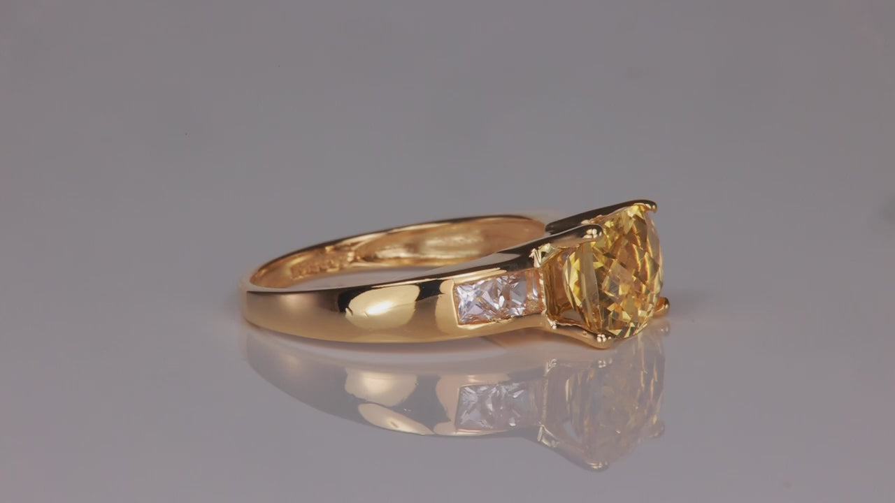 14K Yellow Gold Checkerboard Cut Heliodor and White Quartz Accented Ring 2cts